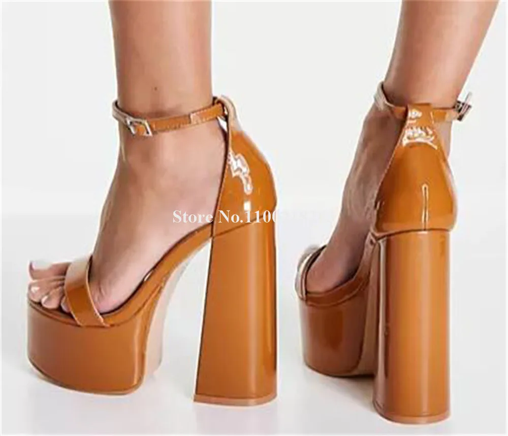 Brown Gold Black Block Heel Sandals Newest Open Toe Patent Leather High Platform Chunky Heel Dress Shoes Party Pumps Big Size