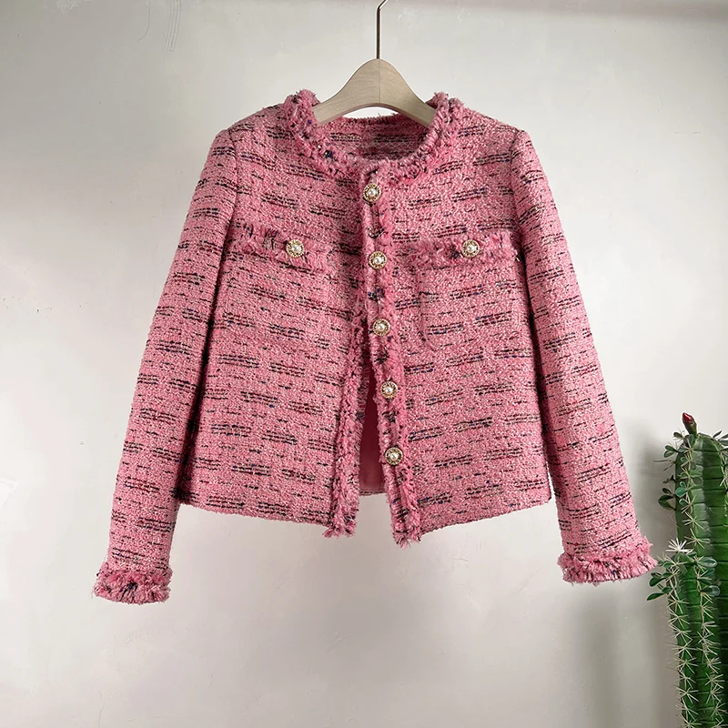 

Women Pink O Neck Tweed Ladies French Small Fragrance CoatHigh Quality Long Sleeve Single-breasted Casual Tweed Short Jacket