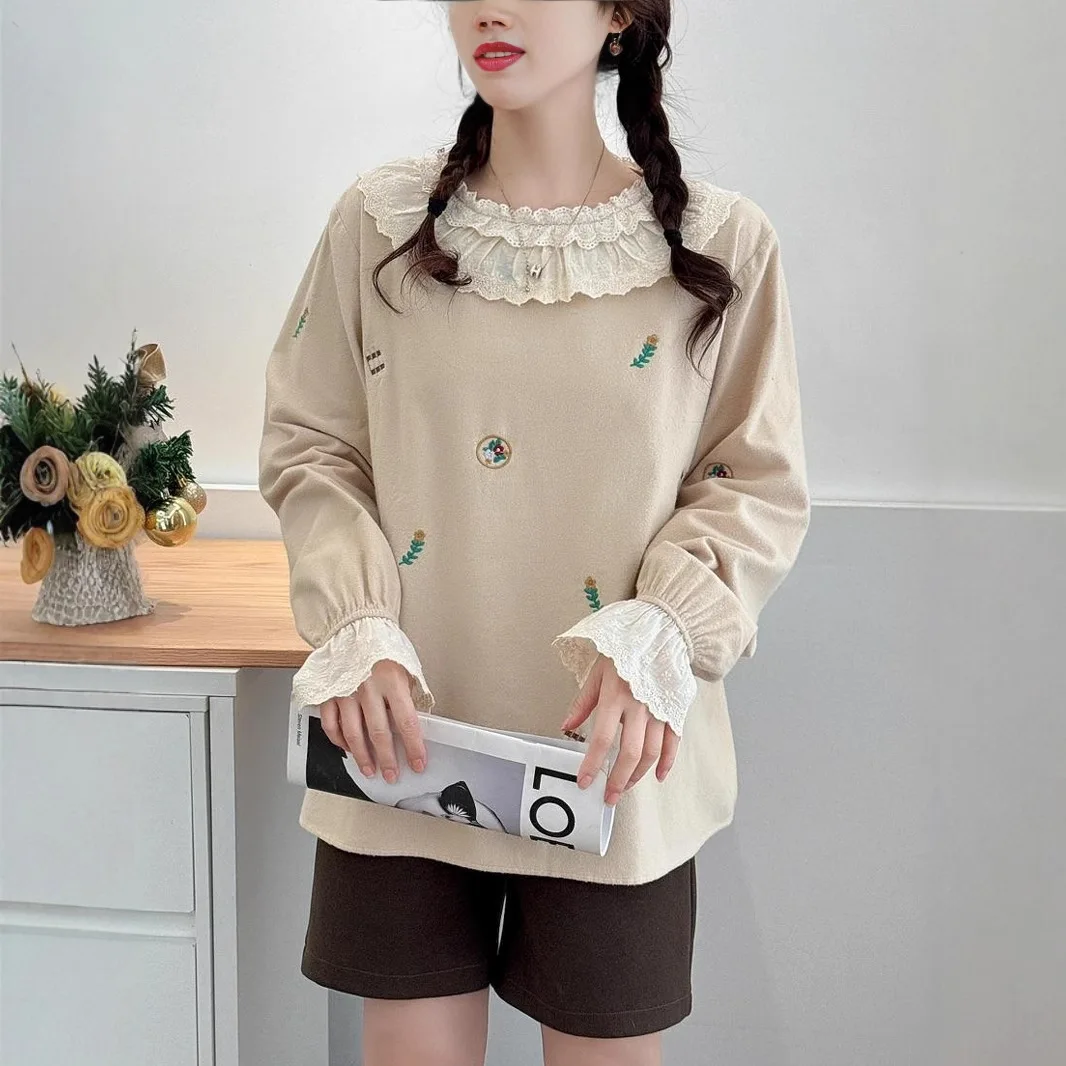 

Mori Girl Vintage Floral Print Lace Embroidery Collar T-Shirt Women Spring Autumn Kawaii O-Neck Long Sleeve Casual Shirts Tops