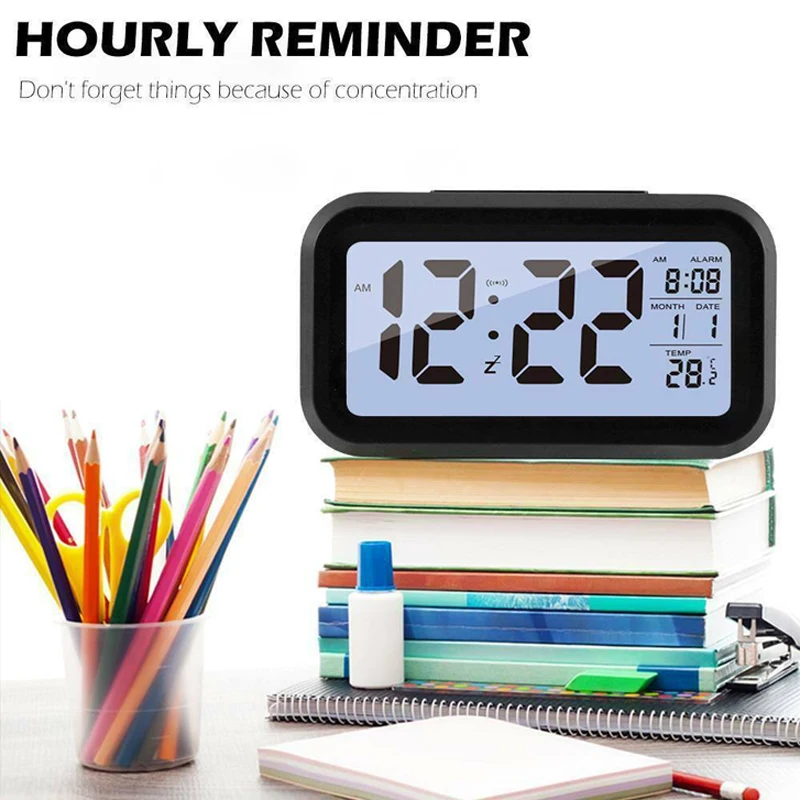 

2024 New Battery Digital LED Alarm Clock Student Clock Large LCD Display Snooze Kids Light Sensor Nightlight Office Table Clock