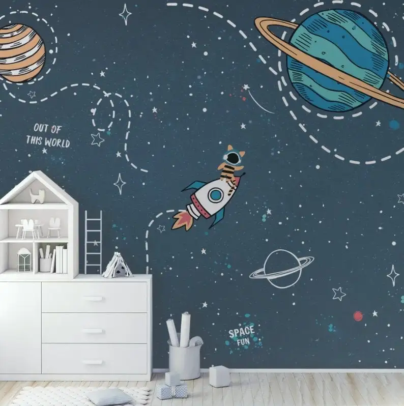 Kids Space Wallpaper Peel and Stick for Boys Cute Watercolor Spacing Wall Murals