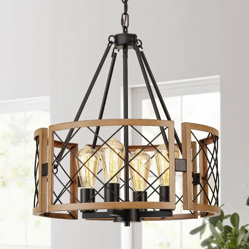 D19'' Farmhouse Chandelier for Dining Room, 4-Light Adjustable Kitchen Island Lighting, Vintage Hanging Pendant Light Fixtures