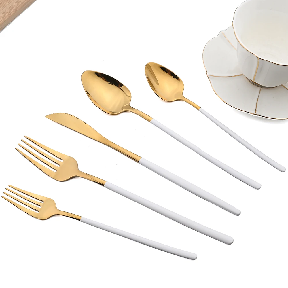 White Gold Dinnerware Set 18/10 Stainless Steel Flatware Knife Dessert Fork Spoon Tableware Cutlery Set Kitchen Silverware