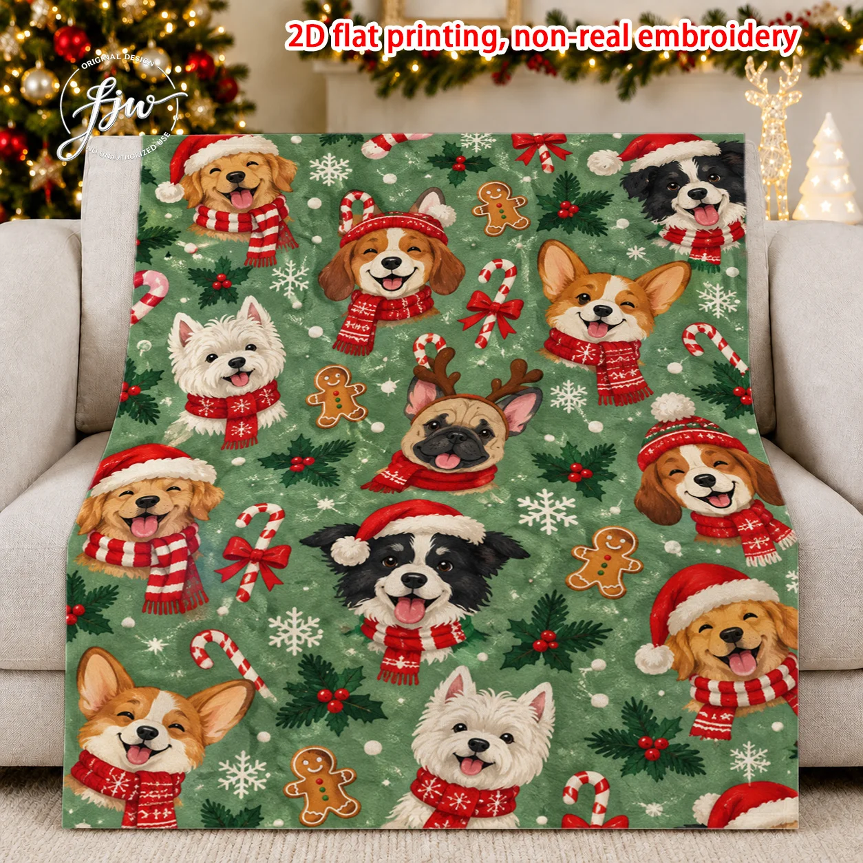 Cute Dog Christmas Throw Blanket 2D Flat Printing Non Real Embroidery Holiday Pet Lover Cozy Sofa Decor