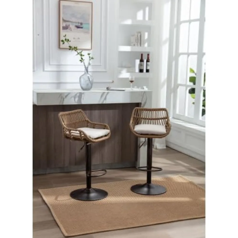 Swivel Bar Stools Set of 2 Adjustable Counter Height Chairs with Footstools for Kitchen, Bar, Restaurant (Beige)