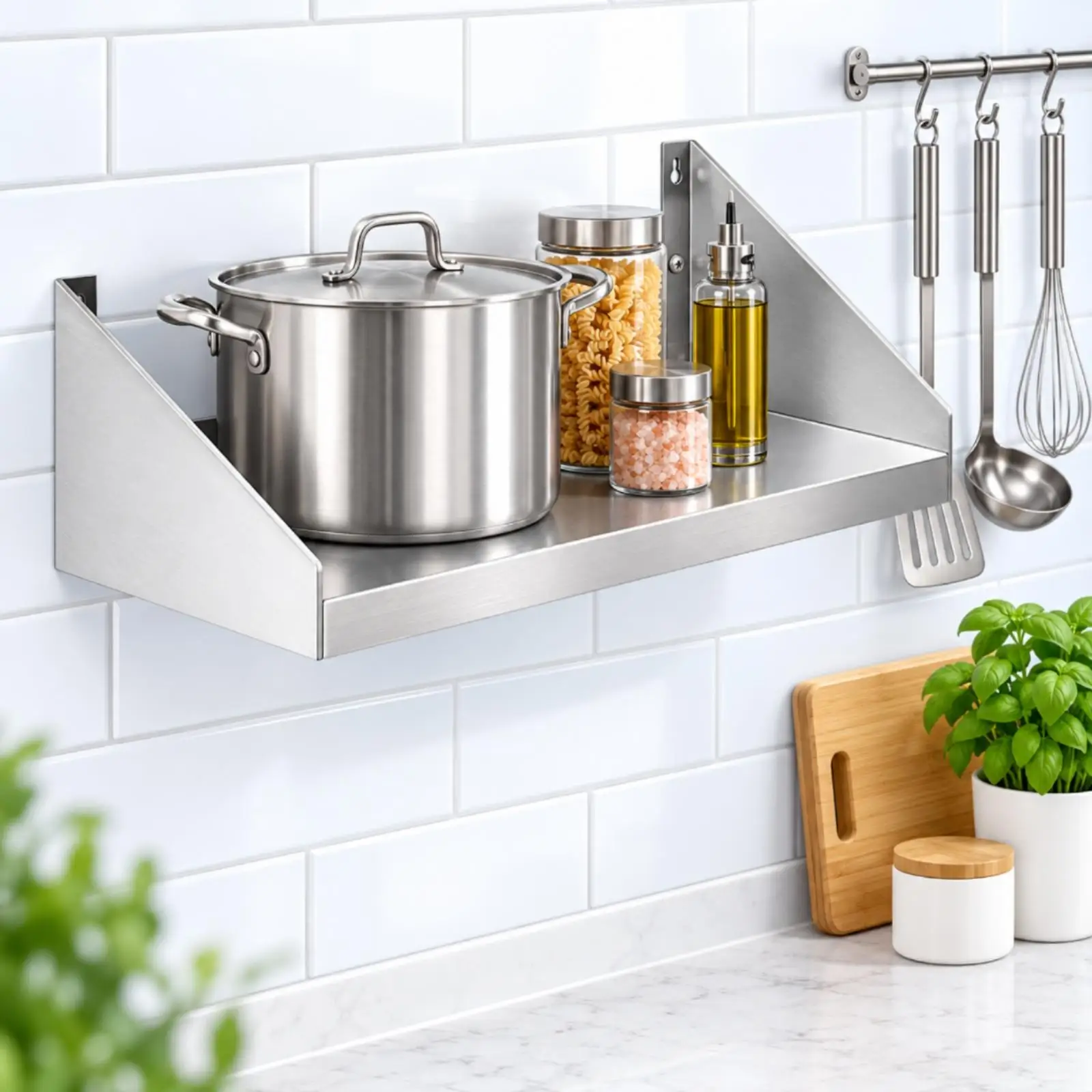 Wall Mounted Steel Storage Shelf for Microwave Kitchen Rack Organizer Floating Shelving with Raised Edge