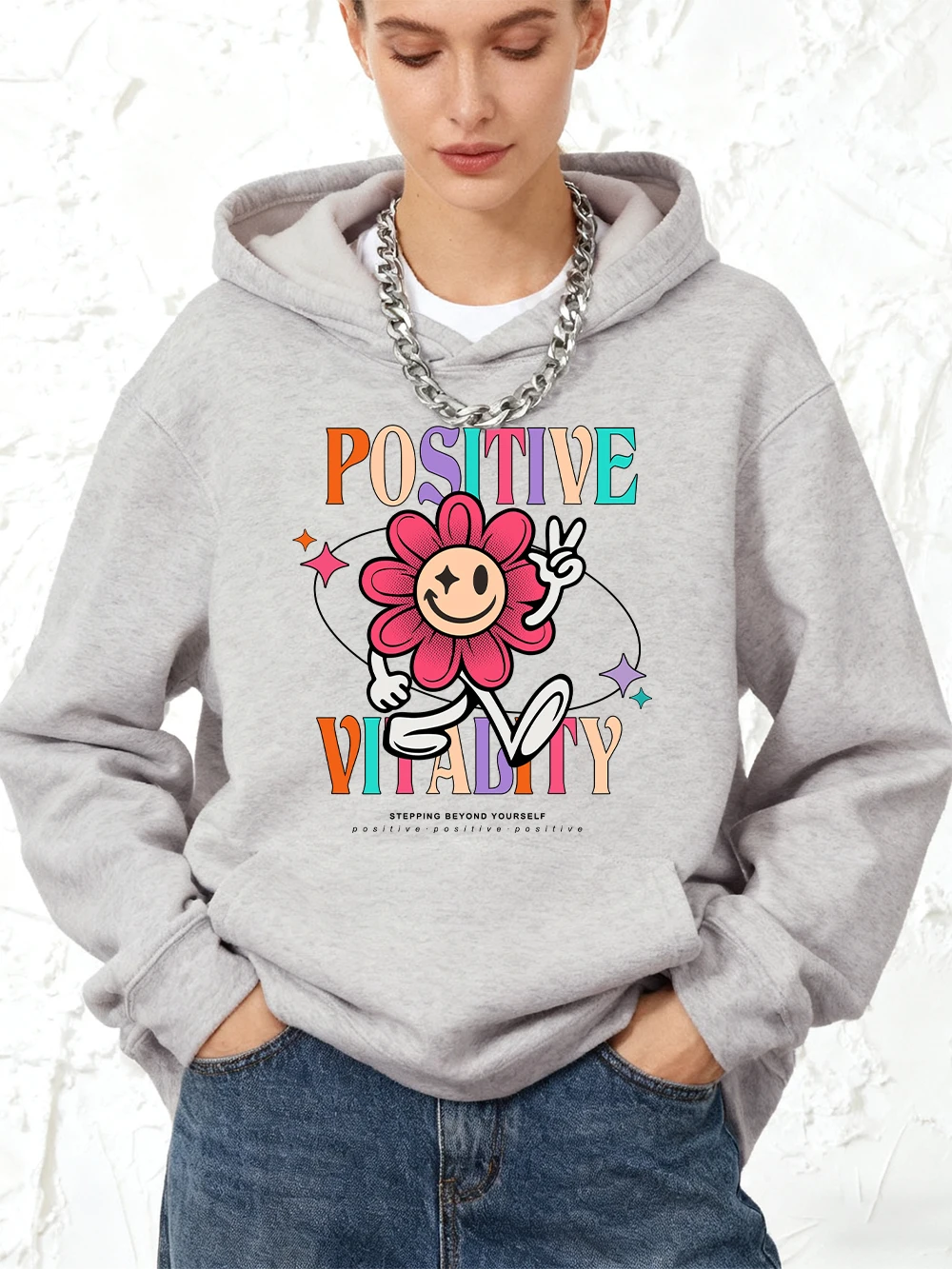 حيوية إيجابية الطباعة هوديس القطن المرأة الركض جيب البلوز رياضي فضفاض البلوز الشتاء الصوف الملابس النسائية