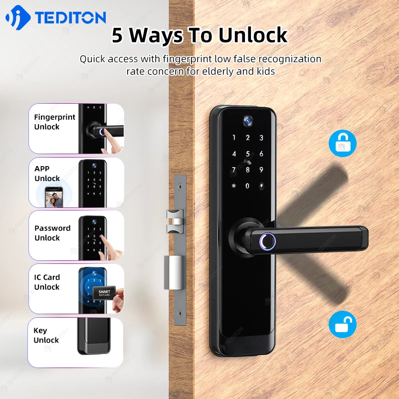 Tediton Built-in Screen Remote Unlock Tuya WiFi fingerprint Digital Electronic Smart Door Lock With Camera