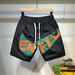 Summer Men's Clothing Elastic High Waisted Letter Pockets Drawstring Contrast Color Printing Casual Loose Fashionable Shorts