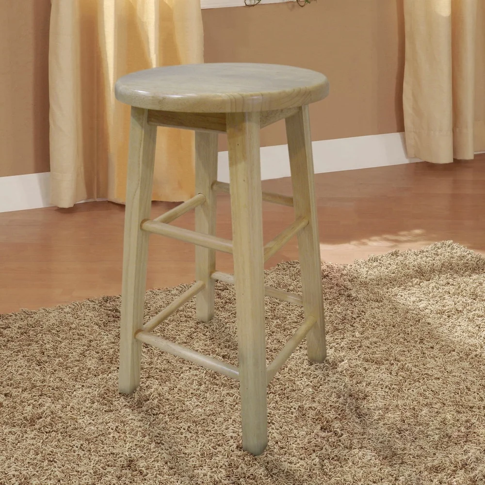 Natural Brown Rubberwood Backless Round Counter Stool 24 Inch Height Ergonomic Footrests Sturdy Design Kitchen Bar Dining