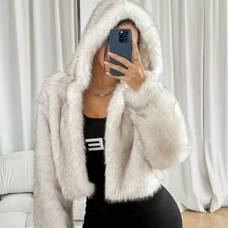 

2025 Winter Women's Faux Fox Fur Long Sleeve Hooded Coat Keep Warm Solid Color Faux Fur Loose Shorts Hoodie Coats Furry Tops