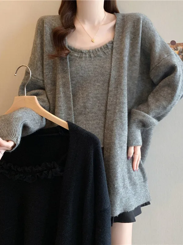 

Женский вязаный комплект с кружевной отделкой больших размеров, осенний длинный круглый костюм-двойка Sve Ne, повседневный удобный мягкий костюм