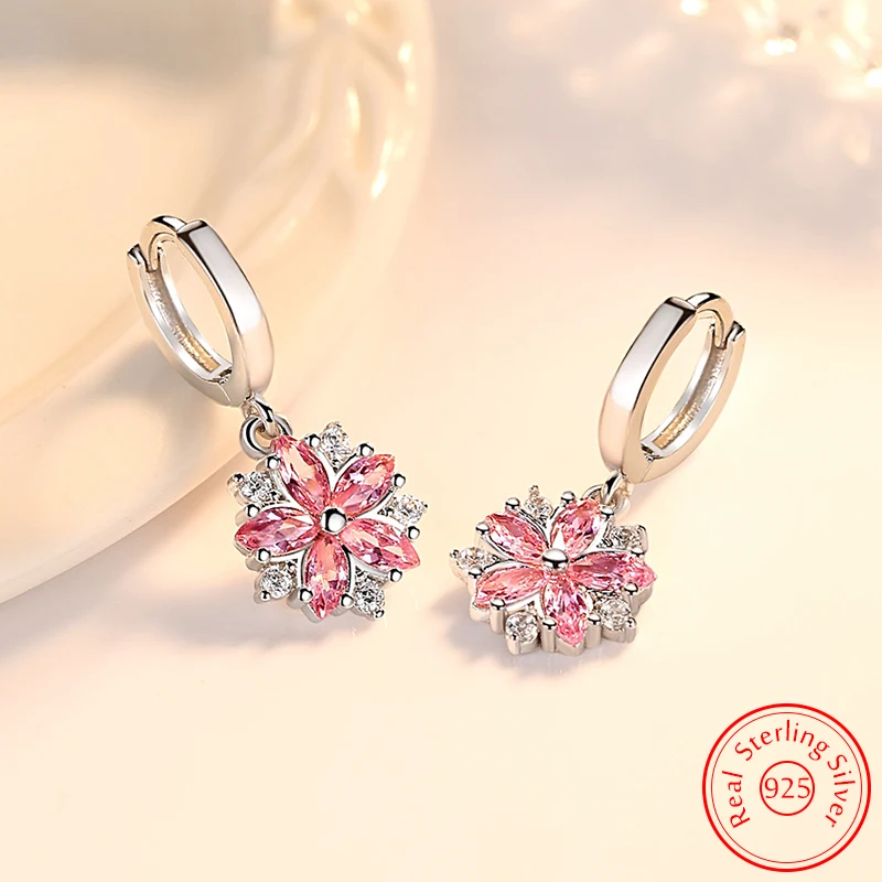 

Genuine 925 Sterling Silver Crystal Zircon New Flower Jewelry Drop Earrings For Women XY0056