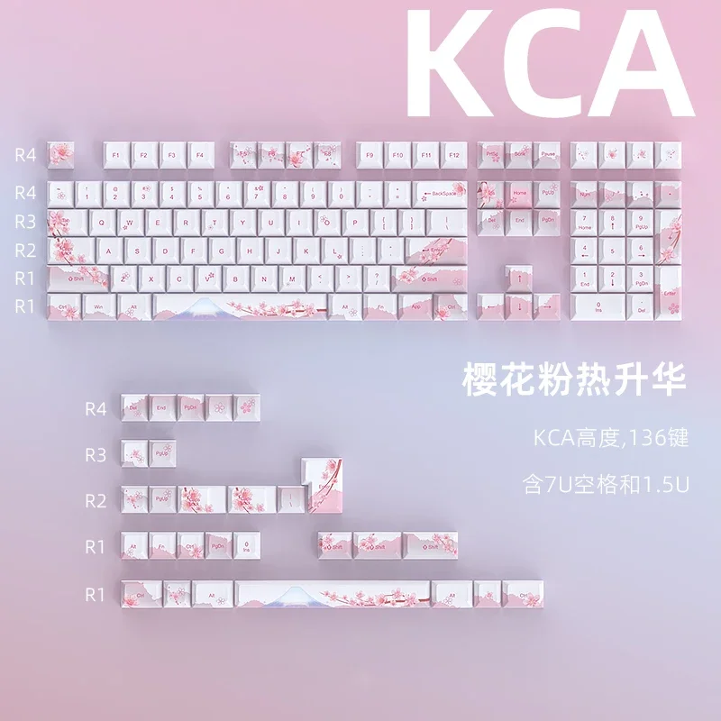 Polvo de flor de cerezo Original Keycap KCA altura 136 teclas sublimación de cinco lados personalizado grande juego completo de espacios divididos