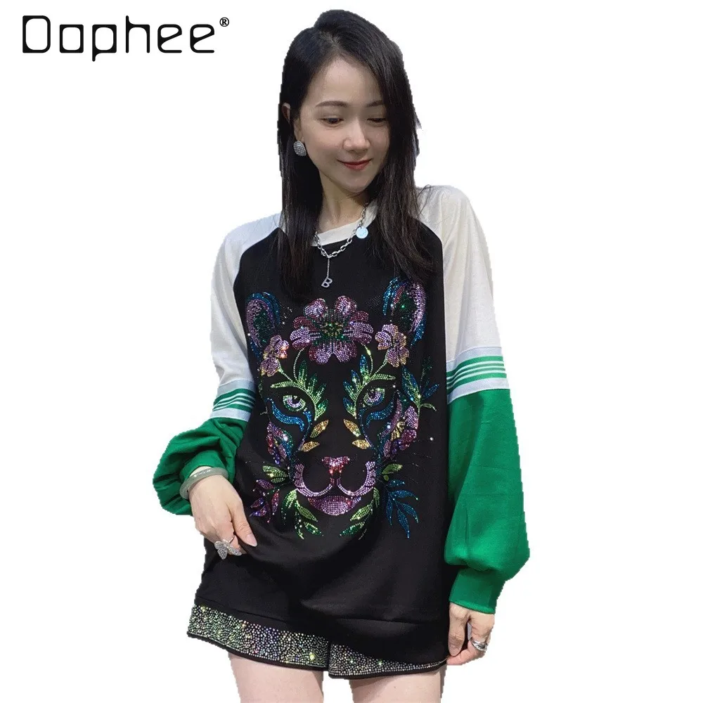 

European Hot Diamond Sweatshirts Women's Autumn Coat Loose Fashion Round Neck Space Cotton Splicing Color Cartoon Sweatshirt