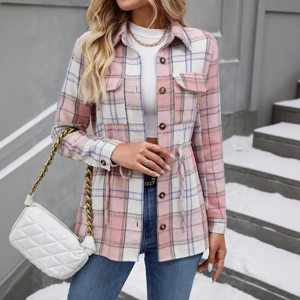 

Женская клетчатая рубашка с длинным рукавом, куртка с лацканами, европейско-американская мода, универсальная, против старения