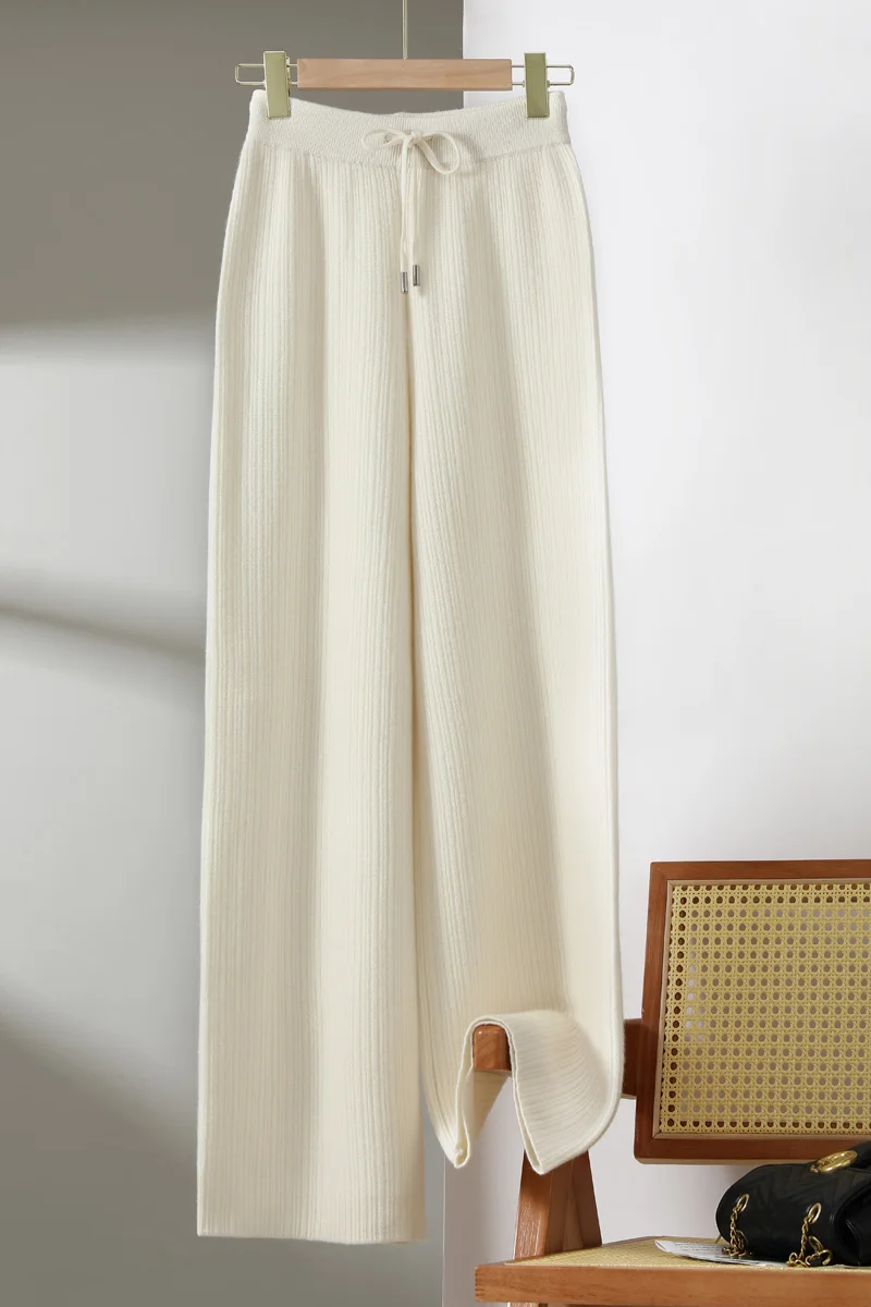 Women 100% Merino Wool Autumn Winter Vertical Rib Knit Wide Leg Pants for Women, Elastic Ribbed Drawstring Waist High Waist Tops