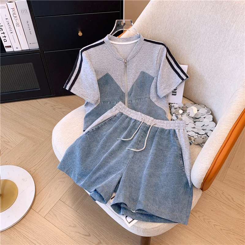 Denim patchwork Two-piece Set Women Summer HongKong Tops Wide Leg Shorts Short-sleeved zipper Shirt+Shorts Casual Sports Suit