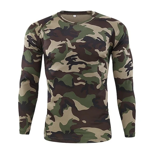 Camiseta de manga larga para hombre, camisa con estampado 3D de camuflaje para deportes al aire libre, Fitness, cuello redondo, ropa para correr