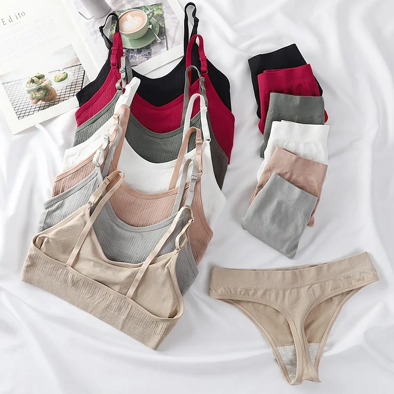 Nahtloses BH- und Höschen-Set für Damen, sexy Dessous, High-Waist-String, bequemer bügelloser BH, einfarbiges geripptes Unterwäsche-Set für Damen