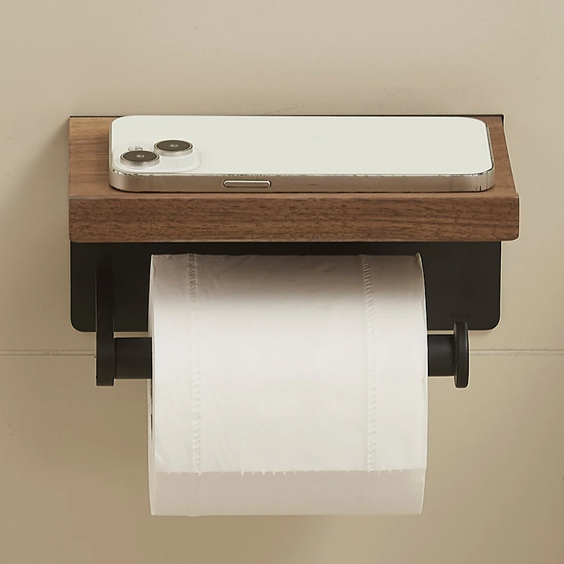 

1pc Black Walnut Wood Wall-Mounted Toilet Paper Holder & Bathroom Organizer Over The Toilet Storage Shelf