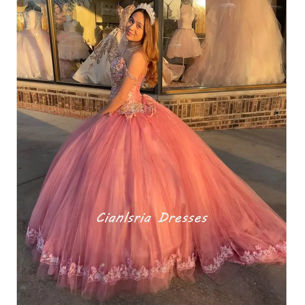 Pink Crystal Floral Appliques Lace Mexican Quinceanera Dress Ball Gown Off The Shoulder Corset Vestidos De XV Anos
