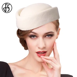 FS Black White Wool Pillbox Hats Tea Party Wedding Fascinator Cap Vintage Wine Red Church Hat For Women Elegant Chapeau Femme