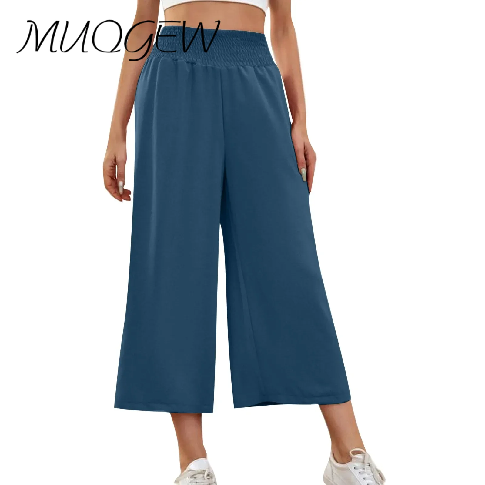 

Women'S Wide Leg Pants High Elastic Waist Stretchy Solid Color Cropped Trousers Casual Loose 2024 Summer New Pockets Pants