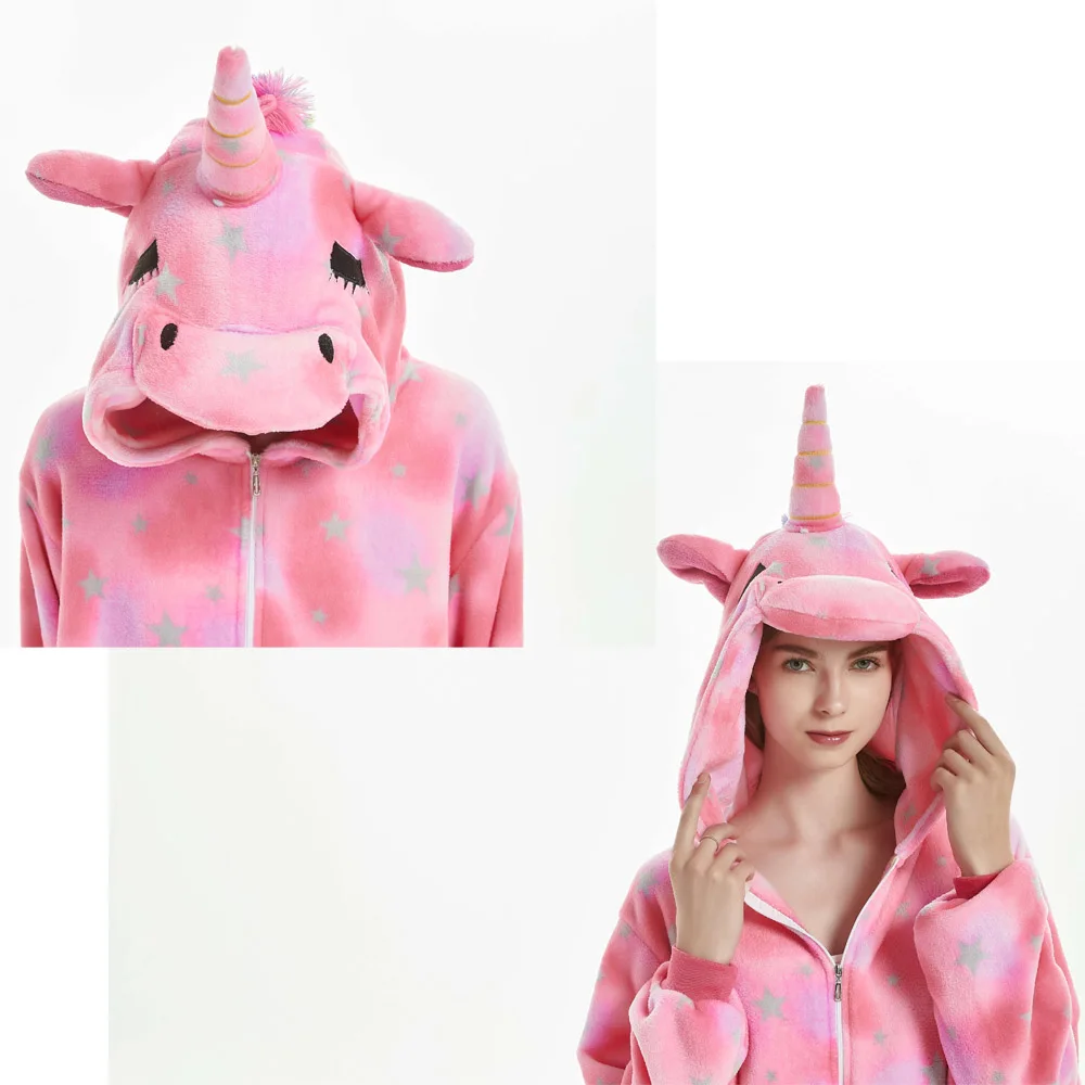 Pink Sleep Jumpsuit Woman Onesie Adults Pyjama Animal Plush Winter Warm Hooded Kigurumi Unicorn Pajamas Star Print Christmas Pjs