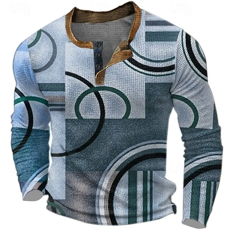 Fashion Circle Stripe Henley T-Shirts For Men 3D Print Creative Design Loose Breathable Pullover Autumn Outdoor Long Sleeve Tops