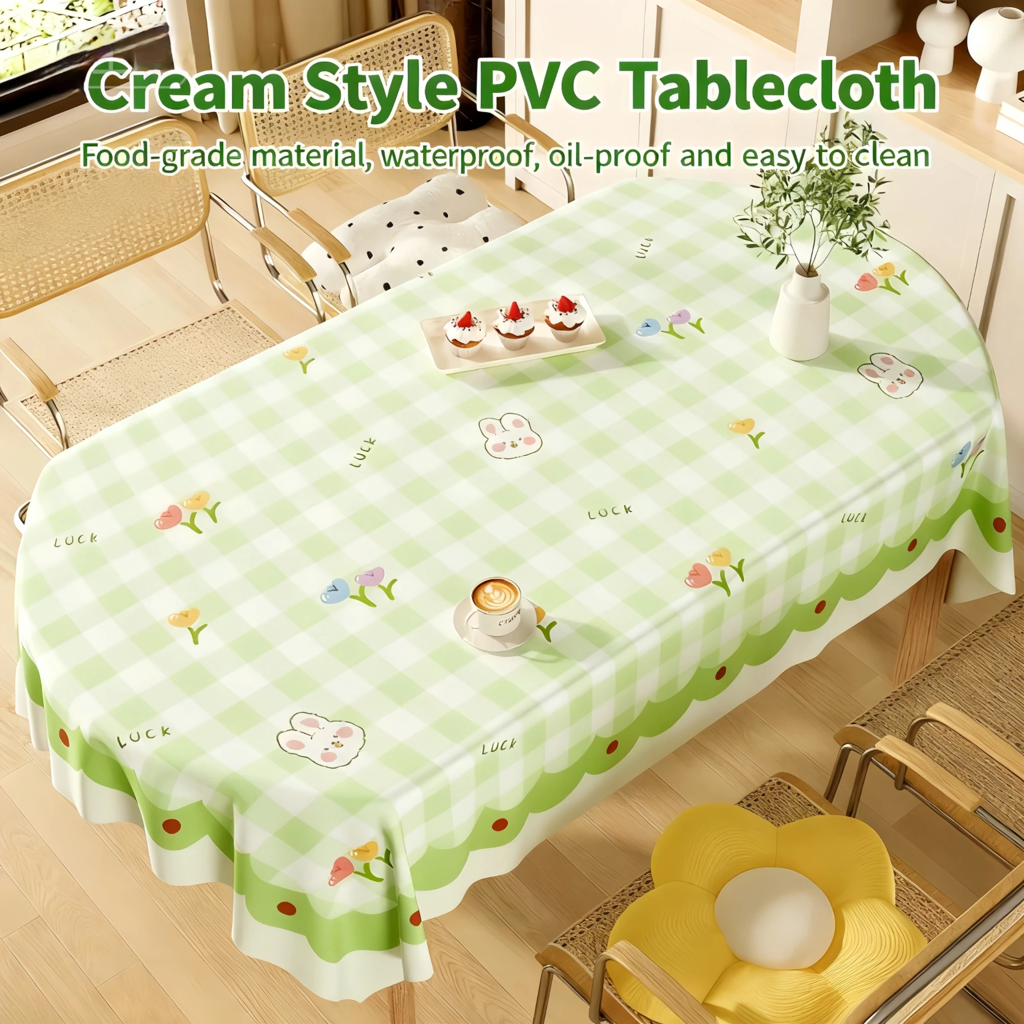 

New Oilproof PVC Tablecloth Waterproof Easy-Clean Oval Table Cover Cream Aesthetic Ins Style for Home Decor Kitchen Ins Fashion