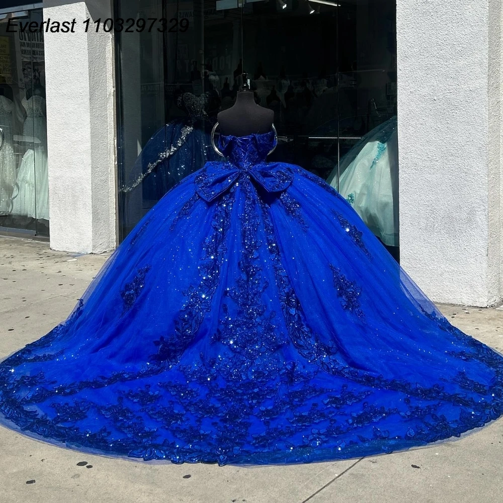 Evolt personalizado azul real quinceanera vestido de baile brilhante lantejoulas apliques frisado espartilho doce 16 vestido de 15 anos qd1050