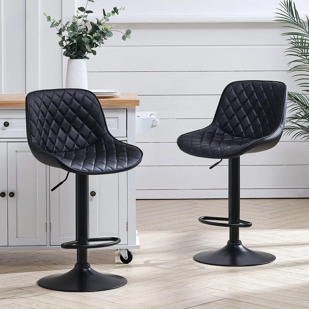 2 Pcs Faux Leather Height Adjustable Bar Stool Black