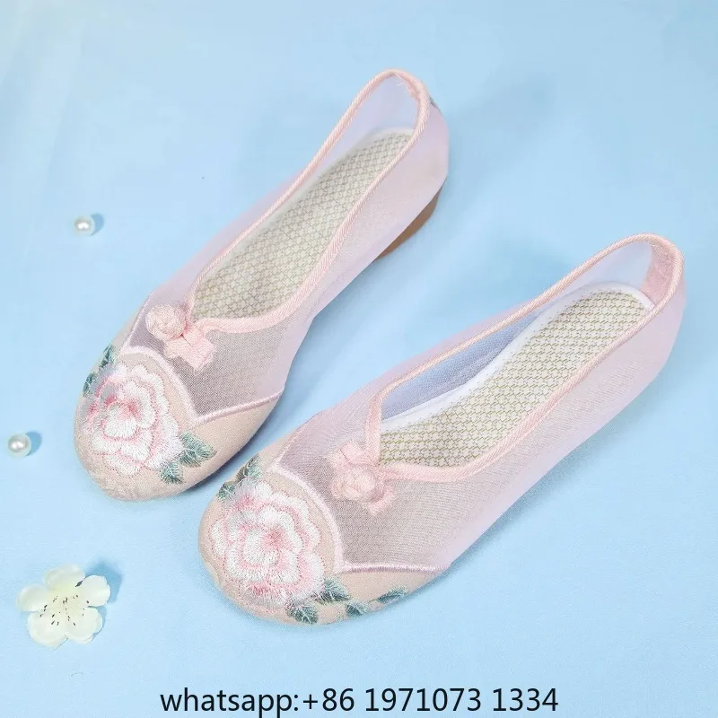 Summer new mesh breathable ancient style Hanfu shoes ethnic style embroidered mesh low heel old Beijing cloth shoes