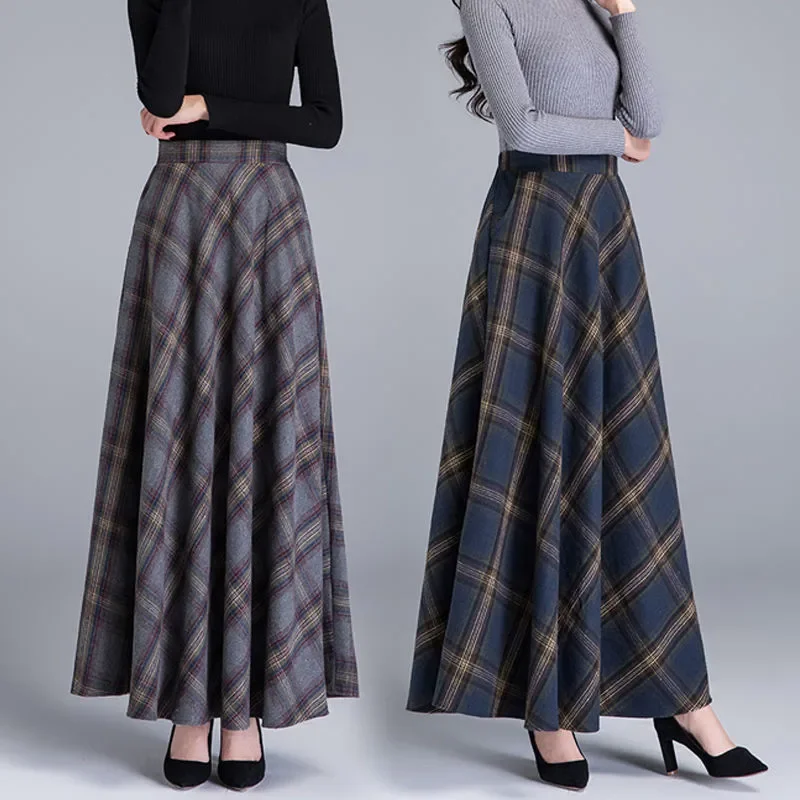 Mãe cintura alta saias xadrez de lã 2022 outono inverno feminino 3xl lã maxi saias moda feminina casual longo streetwear