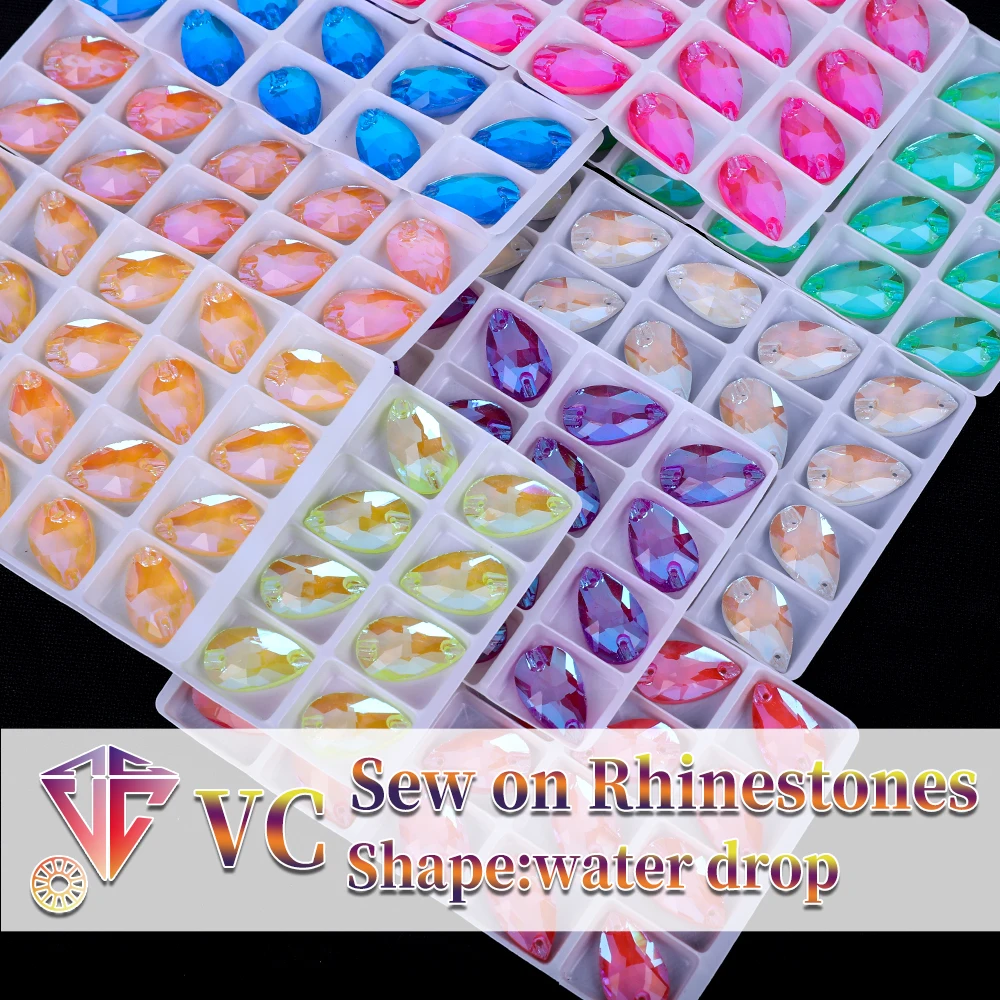 VC Neon Fluorescent Water Drop Sew on Rhinestone  Water Drop AB Sewing Diamond Glass Diamond Flatback DIY Accessories Wedding