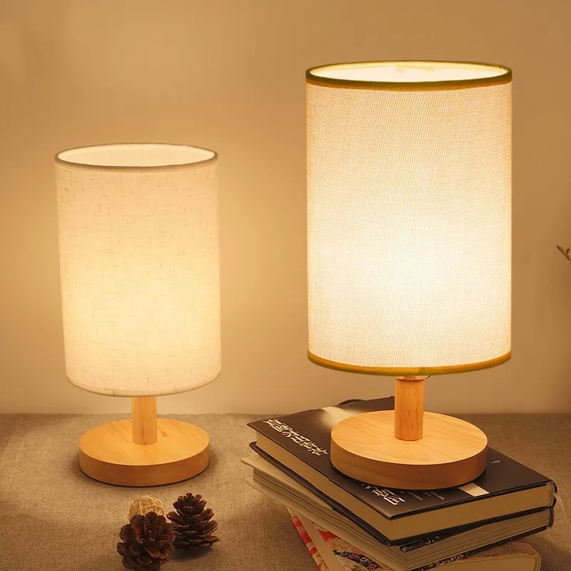 USB Bedside Lamp Night Lights Table Lamp For Bedroom Wooden Desk Lamp Bedside Night Light with Cylinder Lamp Shade Home Decor