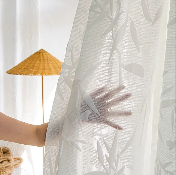 New Chinese Style Embossed Bamboo Mid-century Style Translucent Gauze Curtains Living Room Bedroom Curtains