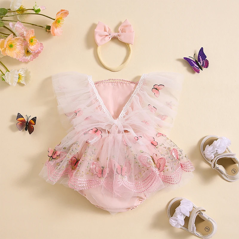 Suefunskry Baby Girls Romper Dress Lace Trim Butterfly Pattern Embroidered Fly Sleeve Tulle Skirt Hem Bodysuit with Headband