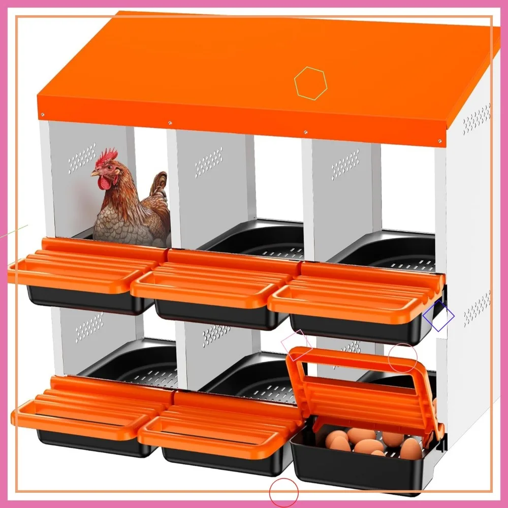 Nido Metálico para Gallinas de 6 Compartimentos con Tapa, Protector de Huevos Extraíble, Naranja
