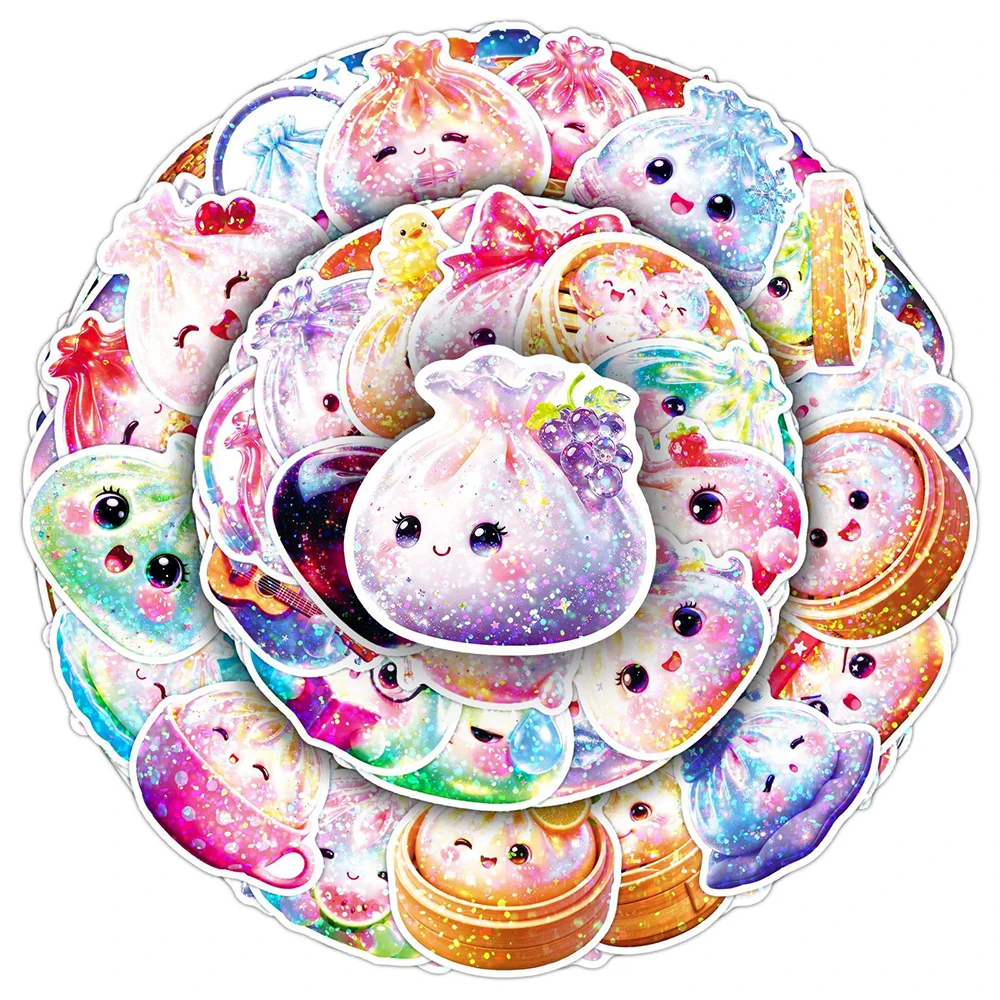 10/30/50pcs Kawaii Steamed Bun Baozi Laser Stickers Cute Colorful Graffiti Sticker Luggage Guitar Phone Cartoon Dumpling Decals