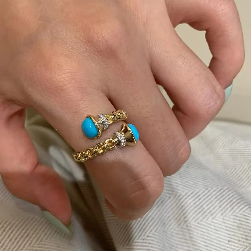 Old Money Style Gold Synthetic Turquoise Diamond Rings Niche Pearl Stack Band For Women Luxury Vintage 1920s Gatsby Fine Jewelry