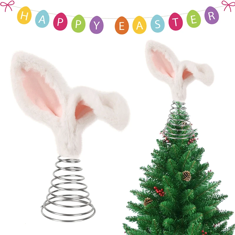 1PCS Plush Bunny Ears Tree Topper With Metal Spiral Base Cute Spring Easter Trees Easter Holiday Home Decoration Party Supplies