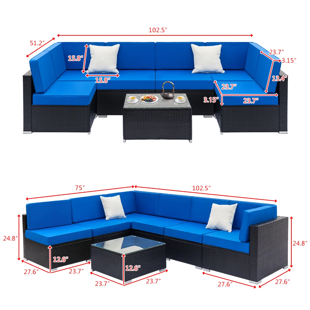 Fully Equipped Weaving Rattan Sofa Set with 2pcs Middle Sofas & 4pcs Single Sofas & 1 pc Coffee Table Black Embossed