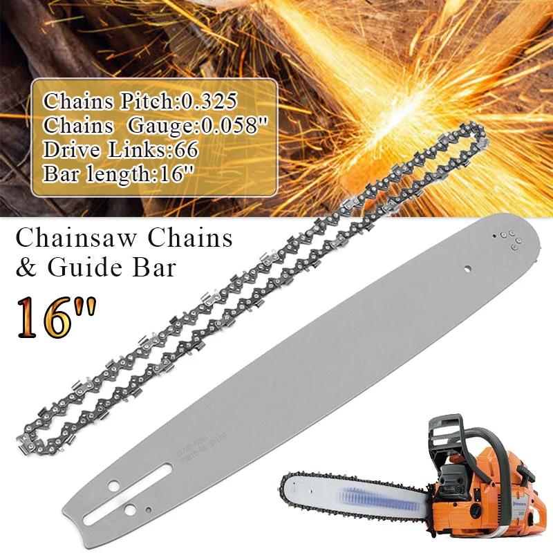 

16 Inch Chainsaw Guide Bar + Chainsaw Chains 3/8 LP 325" .058" 66DL Semi Chisel Chain For Husqvarna 36 41 50 51 55 Tool