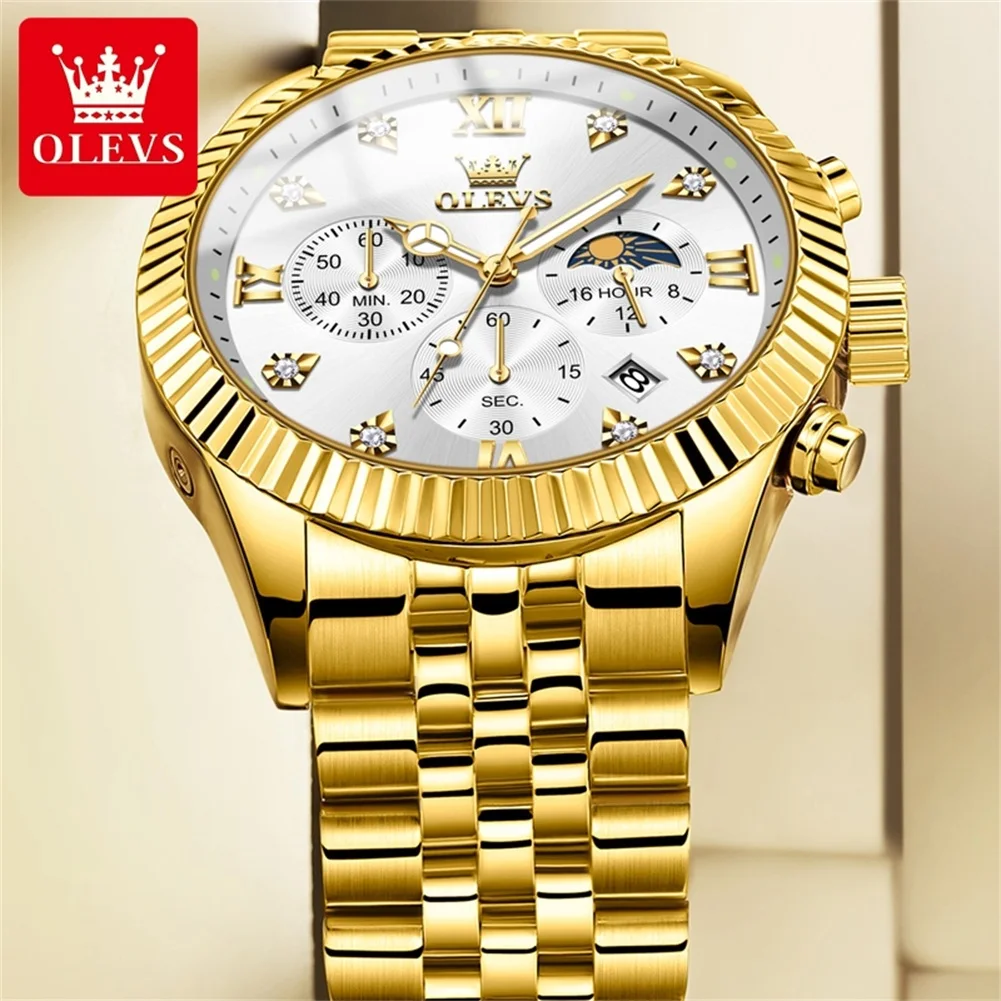 OLEVS High-end Original Replica Quartz Watches for Men Luxury Golden Stainless Steel Chronograph Moon Phase Waterproof Man Watch