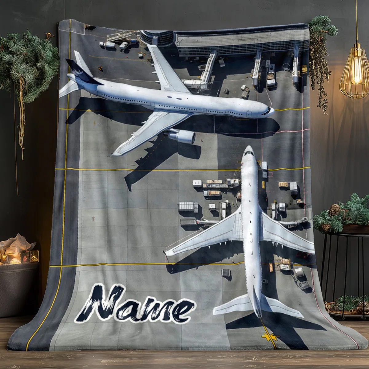 Personalized Airplane Blanket Name Airport Scene Design Soft Fleece Throw Pilot Gift Home Decor Aviation Art