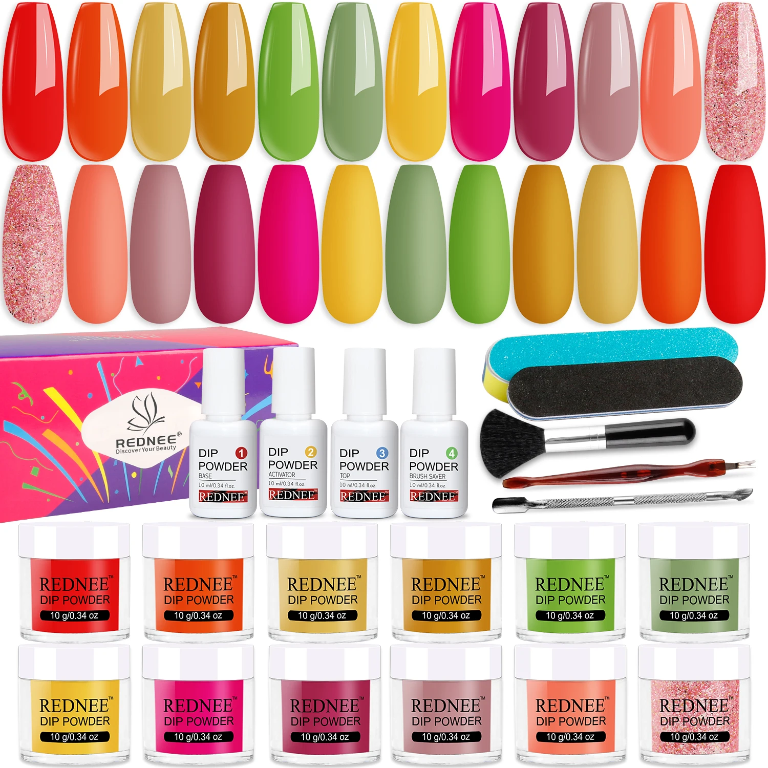 12-Farben-Tauchpulver und Basis-Top-Coat-Aktivator und unverzichtbare Werkzeuge für Nail Art Design-Geschenke für Frauen