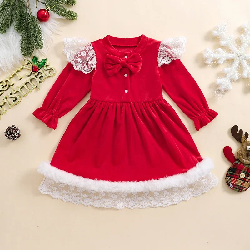 SUNSIOM 1-4 Years Little Girls Christmas Velvet Dress Lace Terry Trim Long Sleeve Bow Button-up Dresses Adorable Outfits