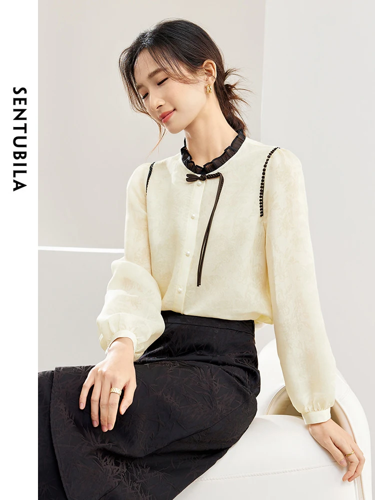 SENTUBILA レディース カジュアル シャツ 2025 秋 中国風 高級 ジャカード フリル ボタンアップ レディース ブラウス パーティー トップス 141C53085